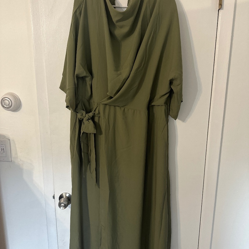 Sage green draped neck mock wrap dress